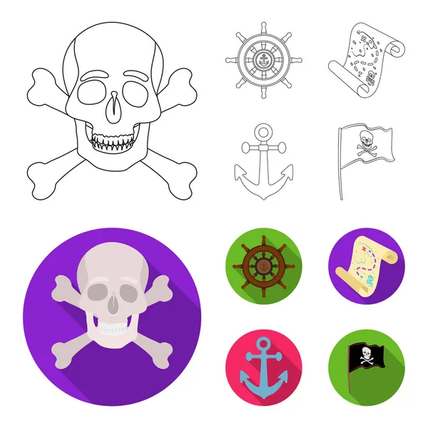 Piraten, Banditen, Ruder, Flaggen. Piraten setzen Sammlungssymbole in Umrissen, flache Vektor-Symbol Stock Illustration Web. — Stockvektor