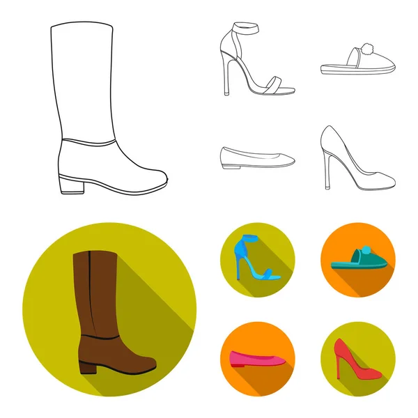 Sandalias de tacón alto azul, zapatillas de lilas caseras con un pampón, zapatos de ballet para mujeres rosas, zapatos de tacón alto marrones. Zapatos conjunto de iconos de colección en el contorno, plano estilo vector símbolo stock ilustración web — Vector de stock