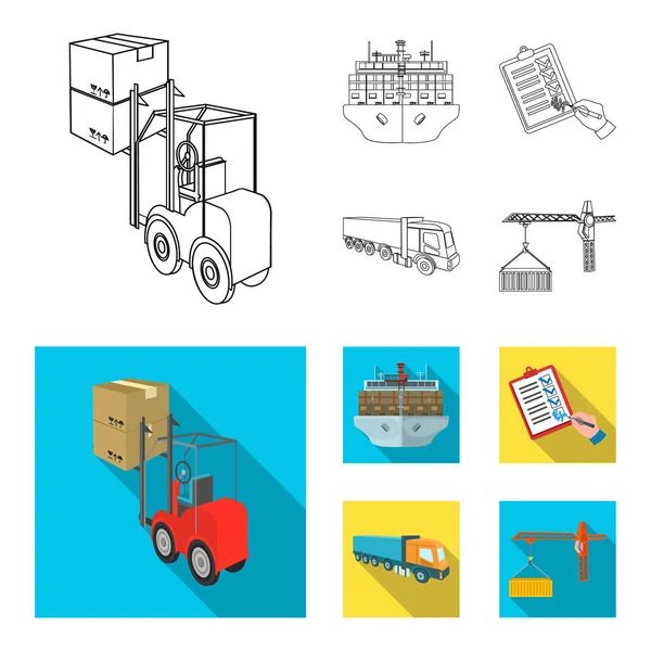 Trasporto marittimo, firma dei documenti di consegna, camion, gru a torre con container. Logistica e consegna set di icone di raccolta in contorno, stile piatto isometrico vettore simbolo stock illustrazione web . — Vettoriale Stock