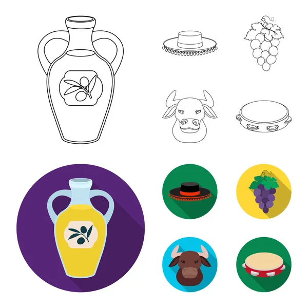 Todeador, matador, bir avuç üzüm ile yumruk, bir boğa için İspanyol boğa güreşi, bir tef şapka. İspanya ülke toplama simgeler anahat, düz stil vektör simge stok ayarla.