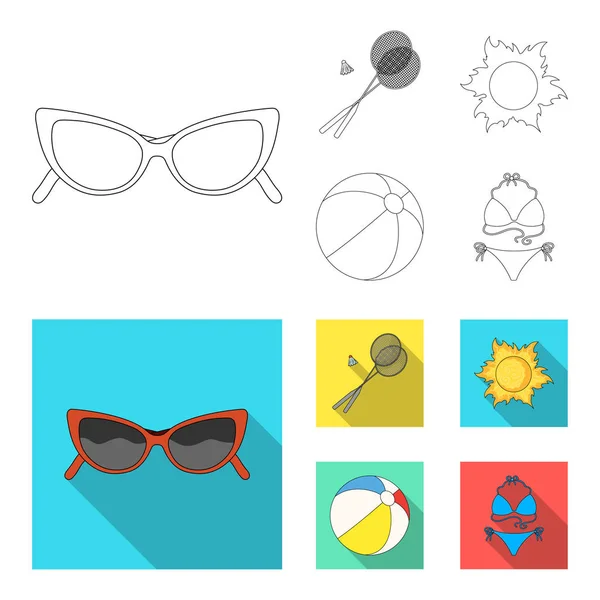 A game of badminton, a ball and the sun.Summer vacation set icons in outline, flat style vector symbol stock illustration web . — стоковый вектор