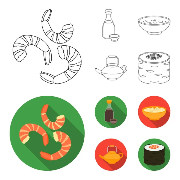 Soya sosu, erişte, kettle.rolls.Sushi anahat, düz stil vektör simge stok çizim web simgeler ayarla.