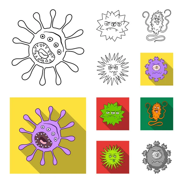 Diferentes tipos de microbios y virus. Los virus y bacterias establecen iconos de colección en el contorno, el estilo plano vector símbolo stock ilustración web . — Vector de stock