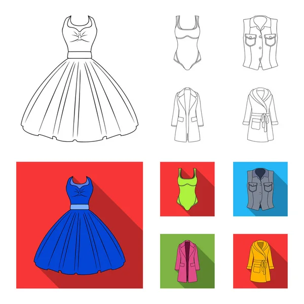 Kadın giyim anahat, düz set koleksiyonu tasarım için simgeler. Sembol stok web illüstrasyon vektör giyim çeşitleri ve aksesuarlar. — Stok Vektör