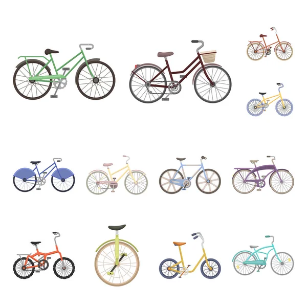 Vários ícones de desenhos animados de bicicletas na coleção de conjuntos para design. O tipo de transporte vetor símbolo web ilustração . — Vetor de Stock