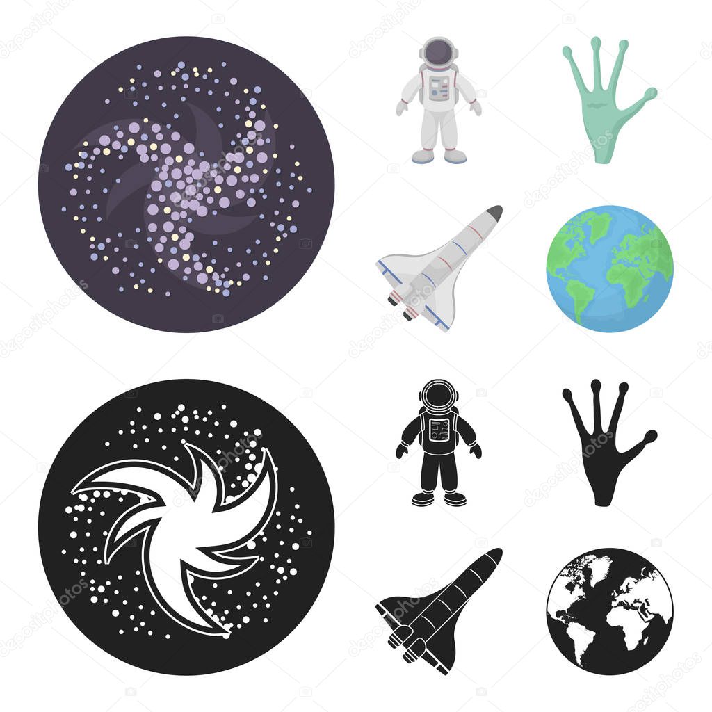 The alien hand, the space shuttle ship Space Shuttle, the astronaut in the spacesuit, the black hole with the stars. Space set collection icons in cartoon,black style vector symbol stock illustration