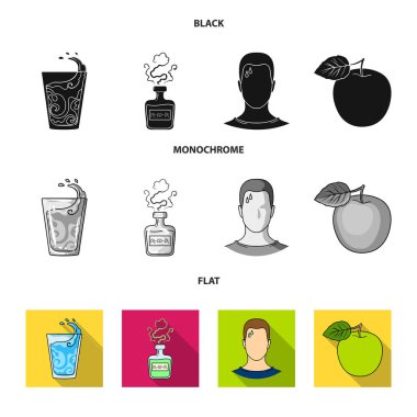 Bir bardak su, bir şişe alkol, terleme bir adam, bir elma. Diabeth toplama simgeler siyah, düz, tek renkli stil vektör simge stok çizim web içinde ayarla..