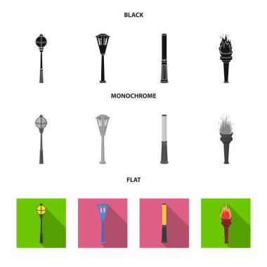 Retro tarzı, modern fener, meşale ve diğer tip-in sokak sokak lâmbası direği. Elektrik direği toplama simgeler siyah, düz, tek renkli stil vektör simge stok çizim web içinde ayarla..