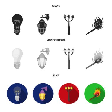 LED ışık, sokak lambası, aynı. Işık kaynağı toplama simgeler siyah, düz, tek renkli stil vektör simge stok çizim web içinde ayarla..