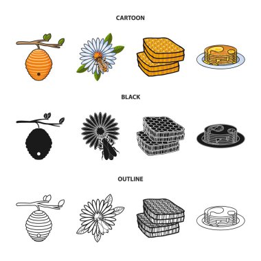 Bir dal, bir çiçek üzerinde bir arı, bir petek bal, bal pasta bir kovan. Arı kovanı toplama simgeler çizgi film, siyah, anahat stili vektör simge stok çizim web içinde ayarla..