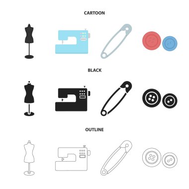 Elektrikli dikiş makinesi, stand, PIN, düğmeleri kukla. Atelier toplama simgeler çizgi film, siyah, anahat stili vektör simge stok çizim web içinde ayarla..