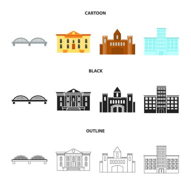 Müze, köprü, kale, hastane. Binada toplama simgeler çizgi film, siyah, anahat stili vektör simge stok çizim web içinde.