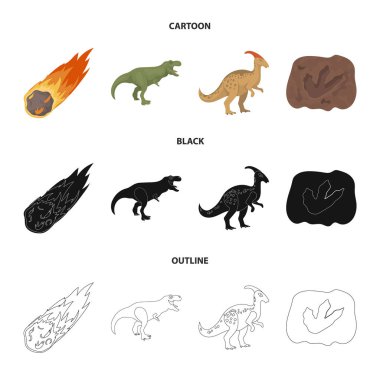 Düşen bir göktaşı, parasaurolophus, tyrannosaurus, bir dinozor ayak olan. Dinozor ve tarih öncesi dönem çizgi film, siyah, anahat stili vektör simge stok simgeler ayarla