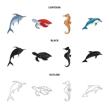 Merlin, kaplumbağa ve diğer türler. Deniz hayvanları toplama simgeler çizgi film, siyah, anahat stili vektör simge stok çizim web içinde ayarla..