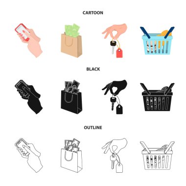 Cep telefonu, para ve çizgi film, siyah, diğer web simgesi ile bir paket tarzı anahat. elinde bir sepet ile gıda simgeler kümesi koleksiyonundaki bir anahtar.