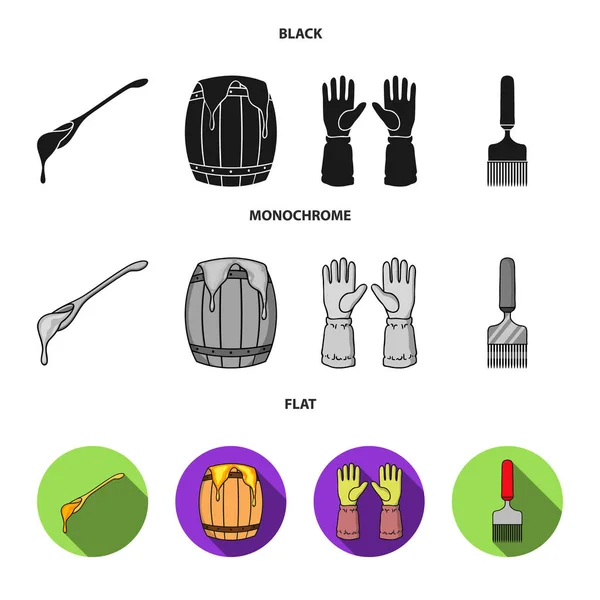 En sked honung, skyddshandskar, ett fat av honung, en gaffel. Bikupa som samling ikoner i svart, platt, svartvit stil vektor symbol stock illustration web. — Stock vektor