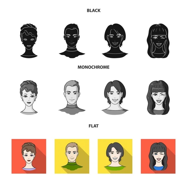Różne spojrzenia na młodych ludzi. Avatar i twarz zestaw kolekcji ikon w czarne, płaskie, monochromatyczne styl wektor symbol ilustracji w sieci web. — Wektor stockowy