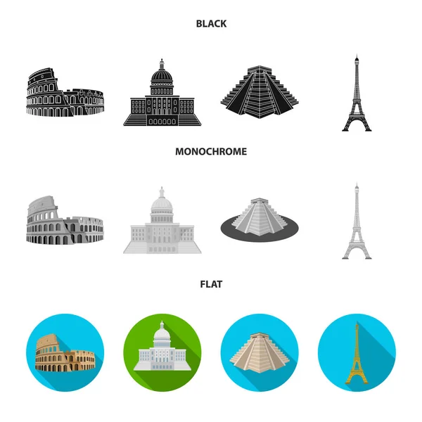 Visites de différents pays noir, plat, icônes monochromes dans la collection ensemble pour le design. Célèbre bâtiment vectoriel symbole stock web illustration . — Image vectorielle