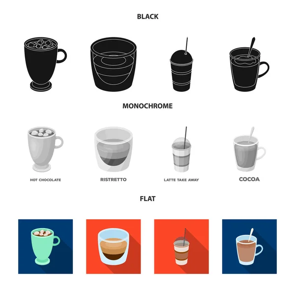 Ristretto, gorąca czekolada, latte na wynos. Różne rodzaje kawy zestaw kolekcji ikon w czarne, płaskie, monochromatyczne styl wektor symbol ilustracji w sieci web. — Wektor stockowy