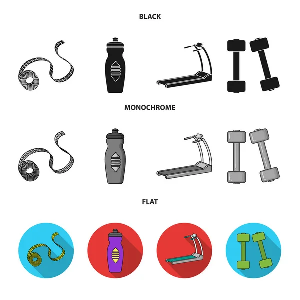 Maßband, Wasserflasche, Laufband, Hanteln. fitnes set collection icons in schwarz, flach, monochrom stil vektorsymbol stock illustration web. — Stockvektor