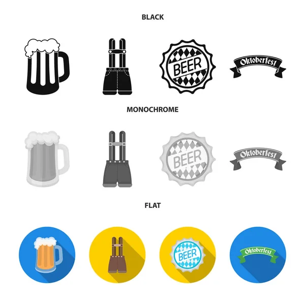 Broek met bretels, een glas bier, een teken, een embleem. Oktoberfest instellen collectie iconen in zwart, plat, zwart-wit stijl vector symbool stock illustratie web. — Stockvector