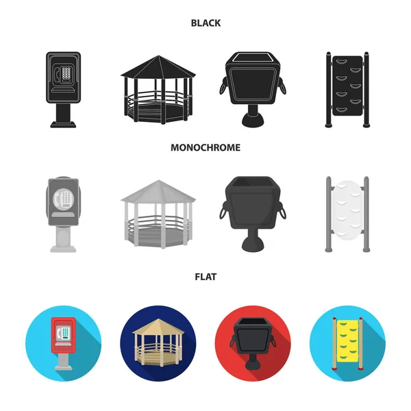 Teléfono automático, gazebo, cubo de basura, pared para niños. Park set colección iconos en negro, plano, monocromo estilo vector símbolo stock ilustración web . — Vector de stock