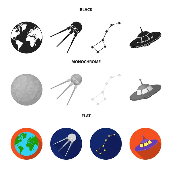 행성 위성, 큰곰자리, Ufo 비행과 대륙 및 대양, 지구. 블랙, 플랫, 흑백 스타일 벡터 기호 재고 일러스트 웹에 공간 설정 컬렉션 아이콘. — 스톡 벡터