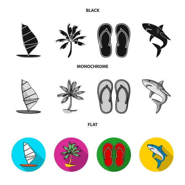 Deska z żaglem, palmy na brzegu, kapcie, żarłacza białego. Surfing zestaw kolekcji ikon w czarne, płaskie, monochromatyczne styl wektor symbol ilustracji w sieci web. — Wektor stockowy