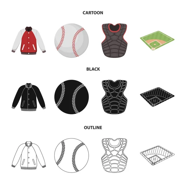 Aire de jeux, veste, ballon, gilet de protection. Ensemble de baseball collection icônes en dessin animé, noir, contour style vectoriel symbole illustration web . — Image vectorielle