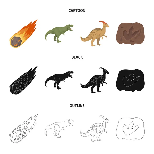 Météorite en chute libre, parasaurolophus, tyrannosaure, empreinte d'un pied de dinosaure. Le dinosaure et la période préhistorique mis icônes collection en bande dessinée, noir, contour style vectoriel symbole stock — Image vectorielle