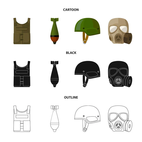 Kugelsichere Weste, Mine, Helm, Gasmaske. Militär und Armee setzen Sammlung Symbole in Cartoon, schwarz, Umriss Stil Vektor Symbol Stock Illustration Web. — Stockvektor