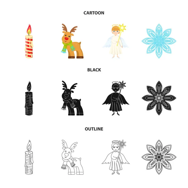 Рождественская свеча, олень, ангел и снежинка мультфильма, черный, контур иконы в коллекции наборов для дизайна. Рождественская векторная веб-иллюстрация . — стоковый вектор