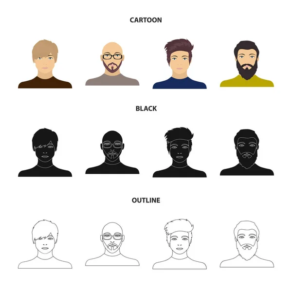 Ansiktet av en skallig man med glasögon och skägg, en skäggig man, uppkomsten av en kille med en frisyr. Ansikte och utseende som samling ikoner i tecknad, svart, disposition stil vektor symbol stock — Stock vektor