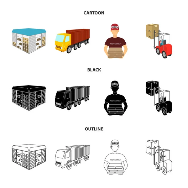 Teherautó, futárszolgálat, szállítás, pizza, targonca, tároló helyiség. Logisztikai és szállítási készlet ikonok gyűjtemény rajzfilm, fekete, vázlat stílusú izometrikus vector szimbólum stock illusztráció web. — Stock Vector