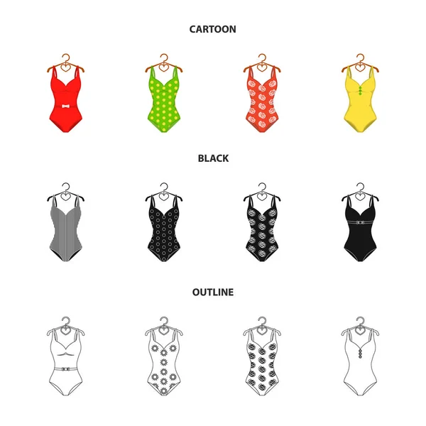 Diferentes tipos de fatos de banho. Swimsuits conjunto de ícones de coleção em desenhos animados, preto, estilo esboço vector símbolo ilustração web . —  Vetores de Stock