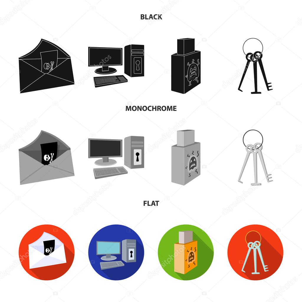 Virus, monitor, display, screen .Hackers and hacking set collection icons in black, flat, monochrome style vector symbol stock illustration web.