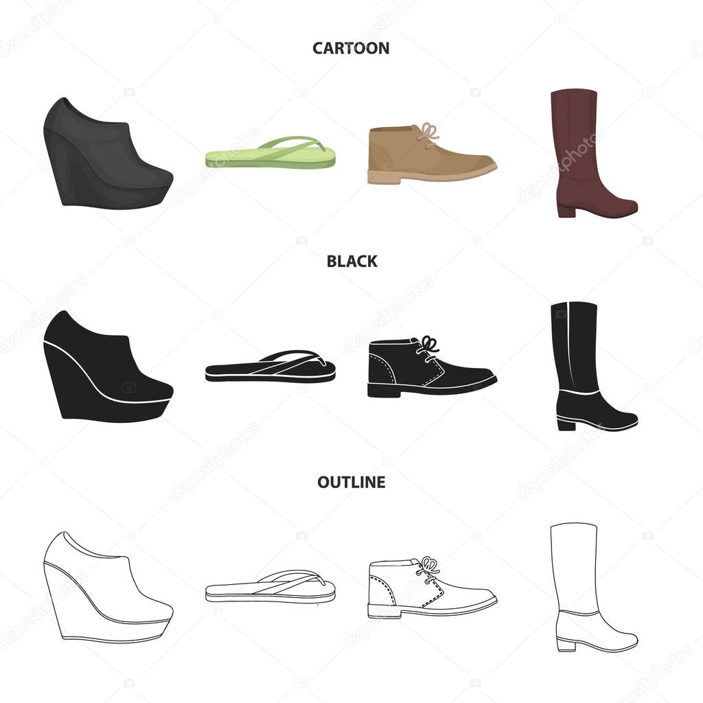 Autumn black shoes on a high platform, flip-flops green for relaxation, sandy men autumn shoes, high brown boots. Shoes set collection icons in cartoon,black,outline style vector symbol stock