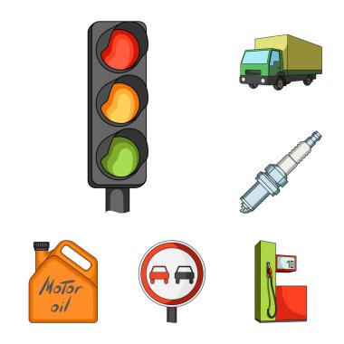 Araba, araç karikatür simgeleri toplama tasarımı için ayarlayın. Araba ve ekipman sembol stok web illüstrasyon vektör.