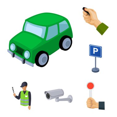 Set koleksiyonu tasarım için araba karikatür simgeleri için park yeri. Ekipman ve hizmet vektör simgesi web illüstrasyon stok.