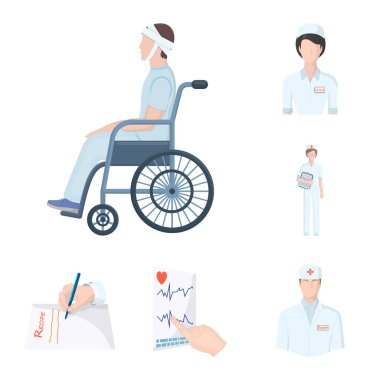 Set koleksiyonu tasarım için ilaç ve tedavi karikatür simgeler. Hastane ve ekipman sembol stok web illüstrasyon vektör.