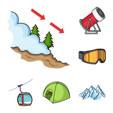 Kayak Merkezi ve ekipman set koleksiyonu tasarım için simgeleri karikatür. Eğlence ve Rekreasyon sembol stok web illüstrasyon vektör.