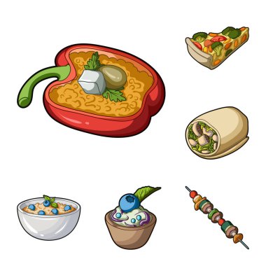Set koleksiyonu tasarım için vejetaryen yemek karikatür simgeler. Sebze ve süt gıda vektör simge stok web çizim.