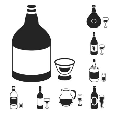 Set koleksiyonu tasarım için alkol siyah simgeler türleri. Alkol şişeleri vektör simge stok web çizimde.