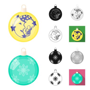 Topları dekorasyon çizgi film, siyah, düz, siyah-beyaz için set koleksiyonu tasarım için simgeleri anahat. Noel topları sembol stok web illüstrasyon vektör.