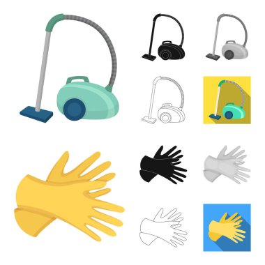 Temizlik ve hizmetçi çizgi film, siyah, düz, siyah-beyaz anahat simgeleri set koleksiyonu tasarım için. Vektör simge stok web illüstrasyon Temizleme için donatım.