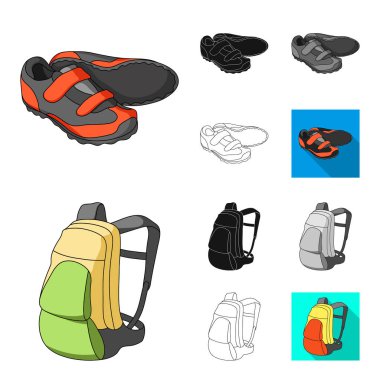 Kıyafet çizgi film, siyah, düz, tek renkli bisiklet, set koleksiyonu tasarım için simgeleri anahat. Bisiklet ve araç vektör simge stok web çizim.