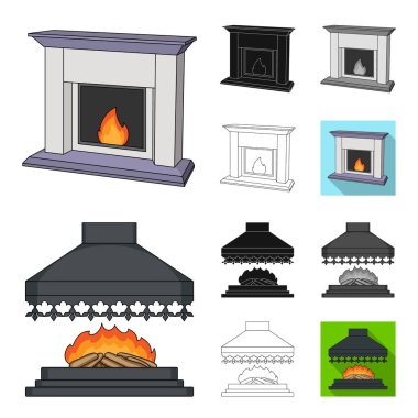 Şömineler çizgi film, siyah, düz, tek renkli, farklı türde set koleksiyonu tasarım için simgeleri anahat. Şömineler inşaat vektör simge stok web çizimi.
