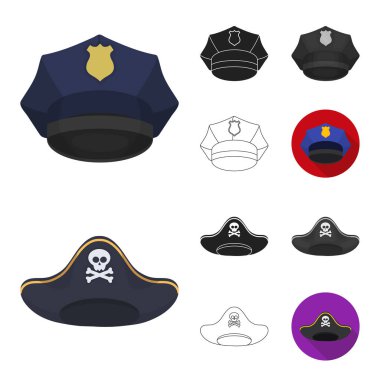 Şapka çizgi film, siyah, düz, tek renkli, farklı türde set koleksiyonu tasarım için simgeleri anahat. Headdress vektör simge stok web çizimi.