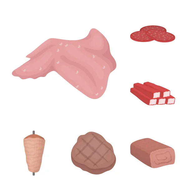 Diferentes iconos de dibujos animados de carne en la colección de conjuntos para el diseño. Carne producto vector símbolo stock web ilustración . — Vector de stock