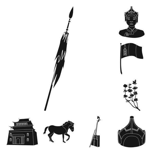 Land Mongolië zwarte pictogrammen in set collectie voor design. Grondgebied en mijlpaal symbool voorraad web vectorillustratie. — Stockvector